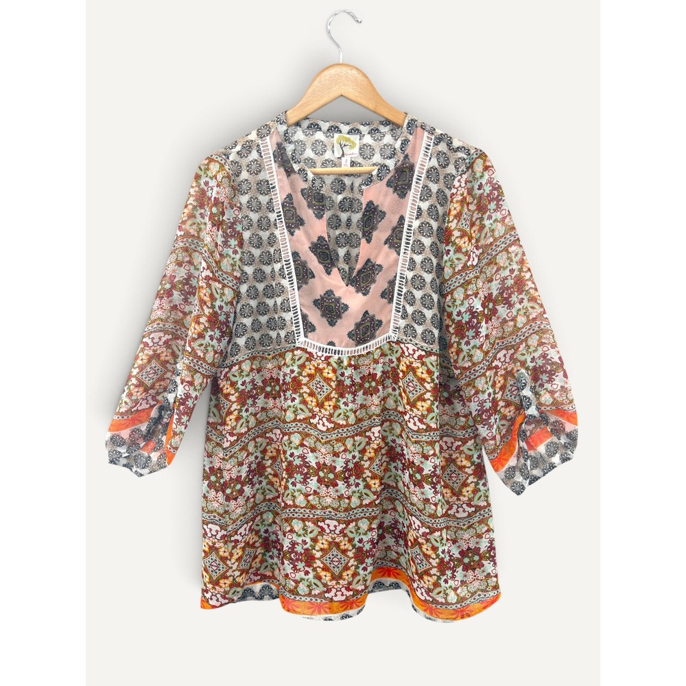 Fig & Flower Boho Paisley Floral Peasant Blouse Size L Bell Sleeve Hippie Flowy